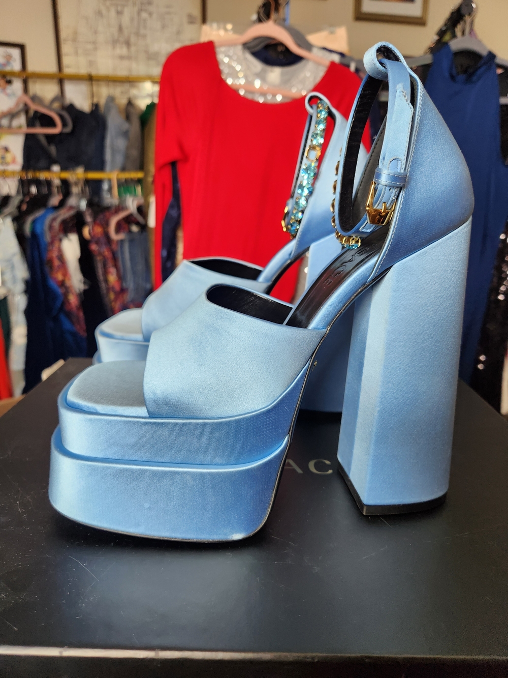 Versace Light Blue Satin Platform Sandals with Gold Medusa Charm - Picture 3 of 9